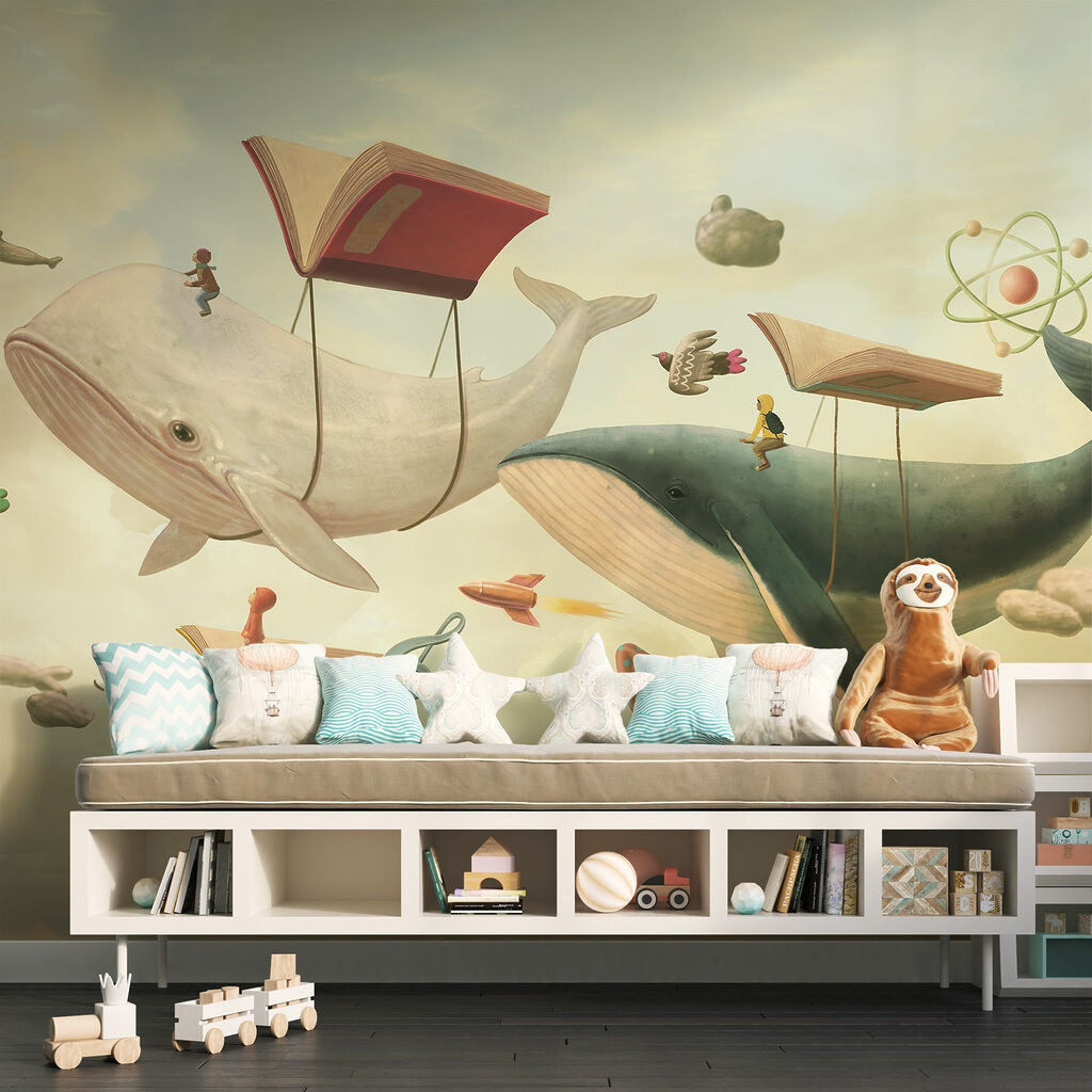 Whales and Flying Books in an interior