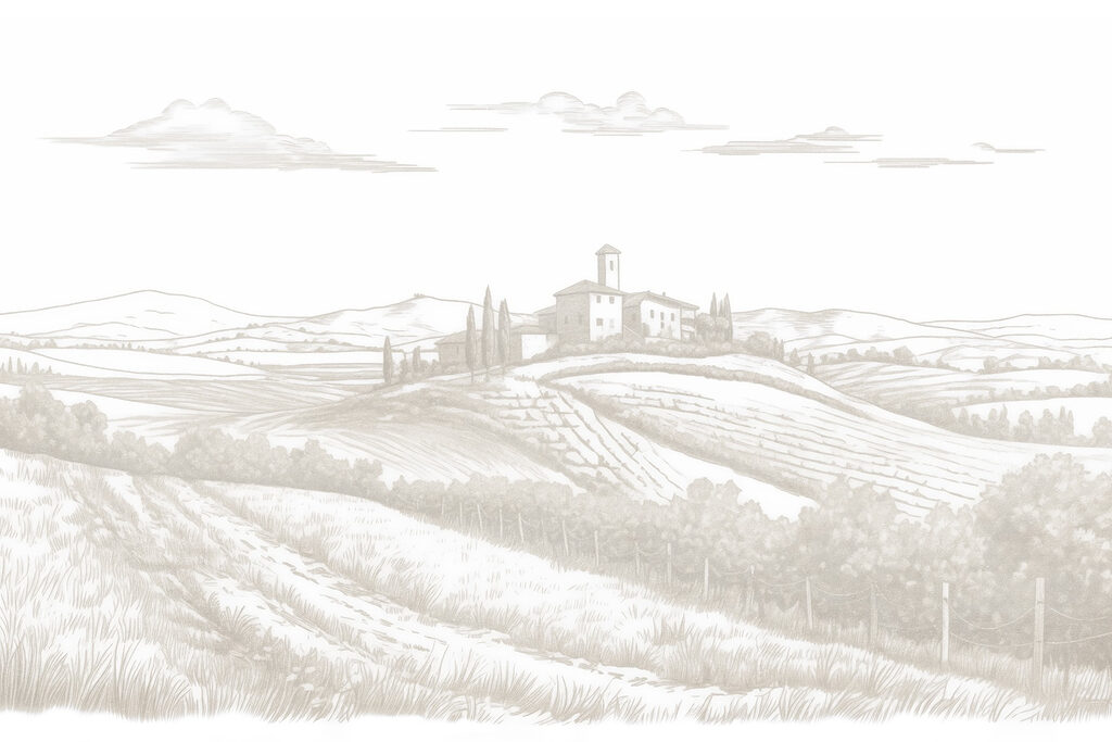 Farmhouse above vineyard rows — full design