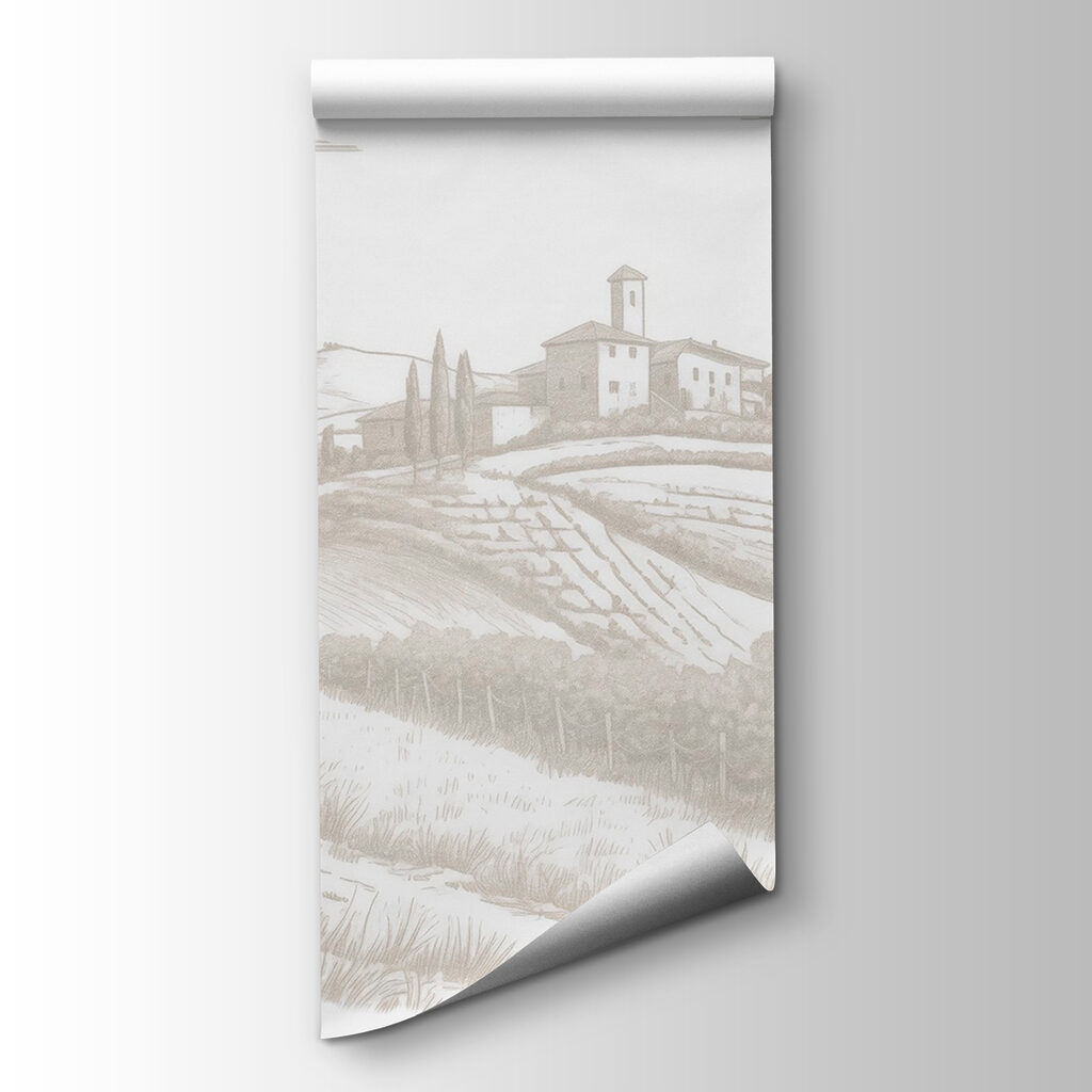 Farmhouse above vineyard rows — product view