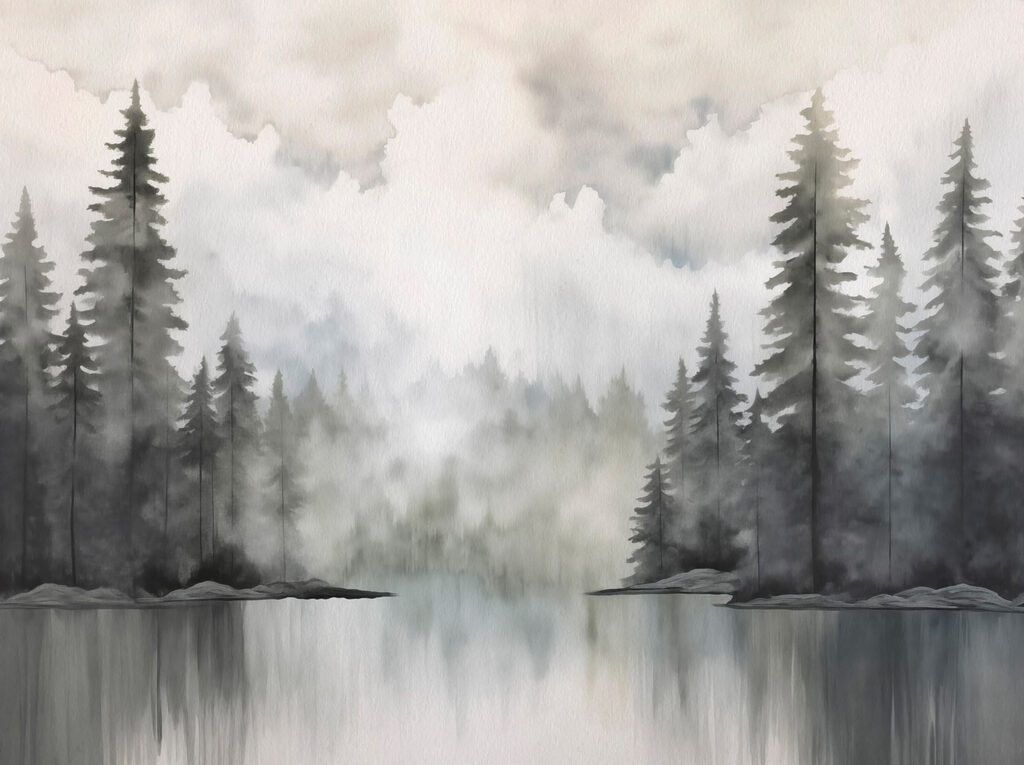 Pine lake in mist — full design