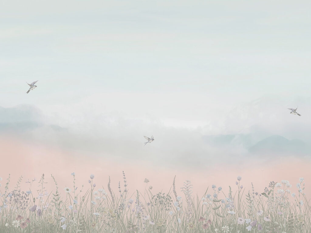 Birds over misty meadows — full design