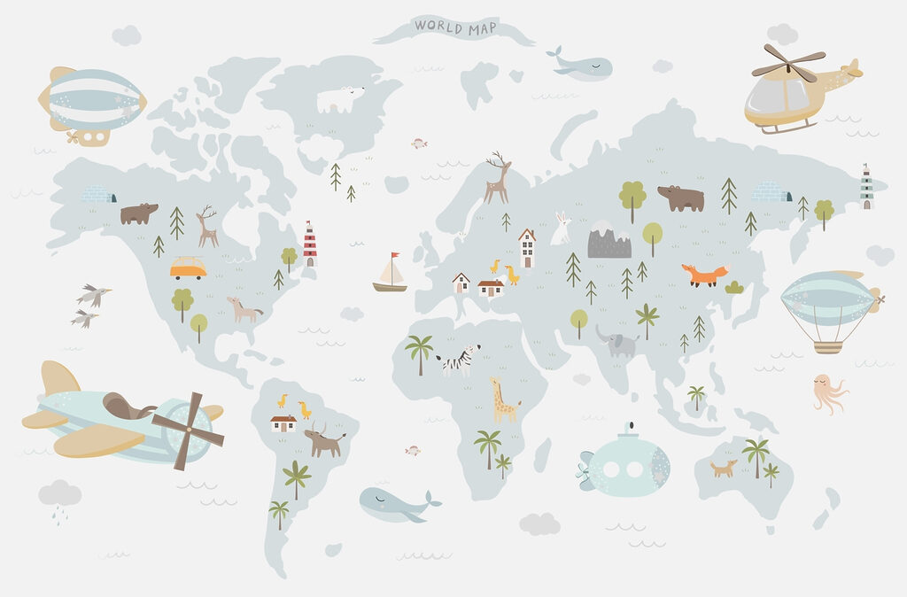 World map with travellers — full design