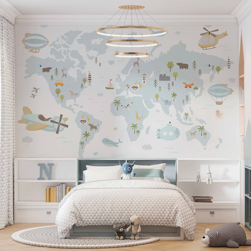 World map with travellers — interior 1