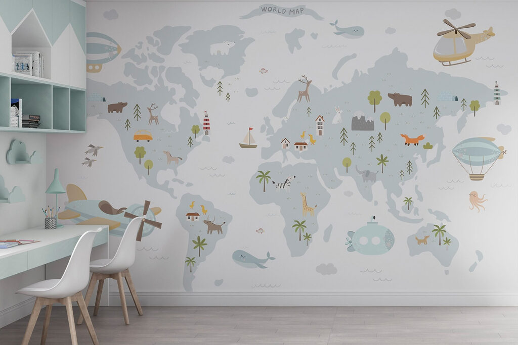 World map with travellers — interior 3