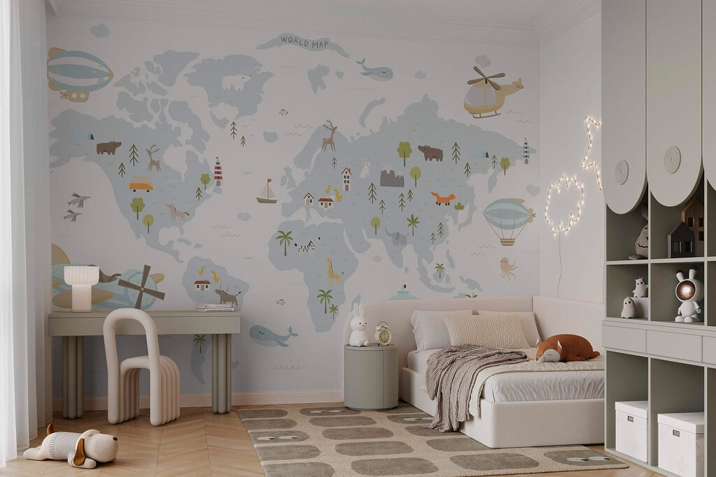 World map with travellers — interior 2