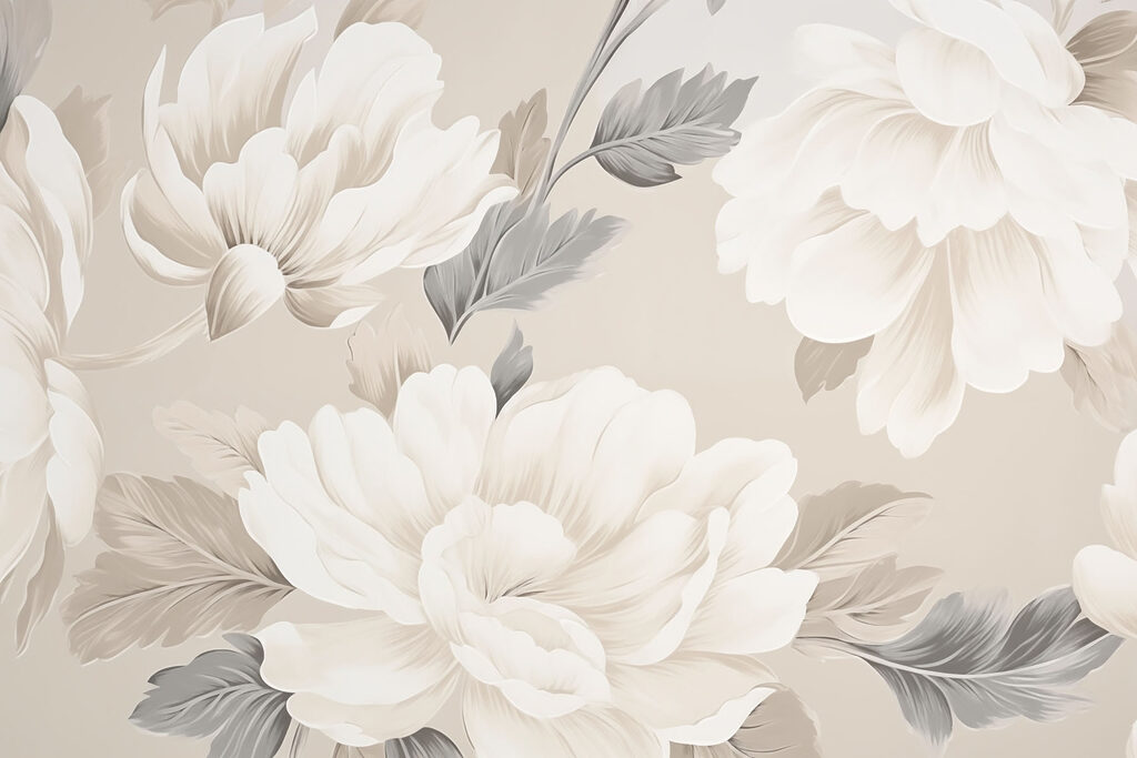 White peonies on sand — full design