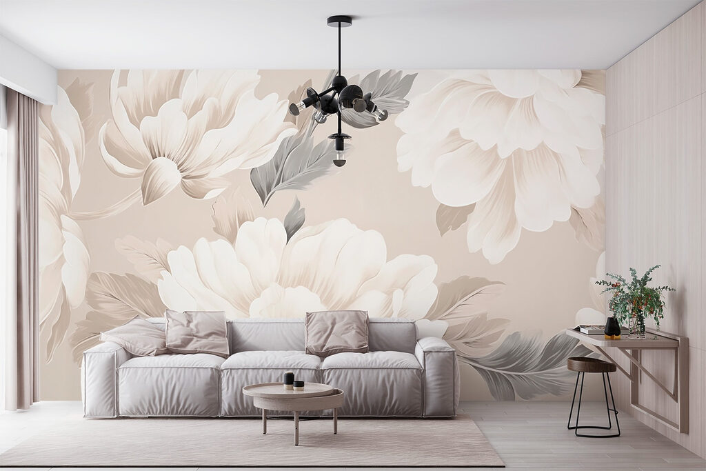 White peonies on sand — interior 2