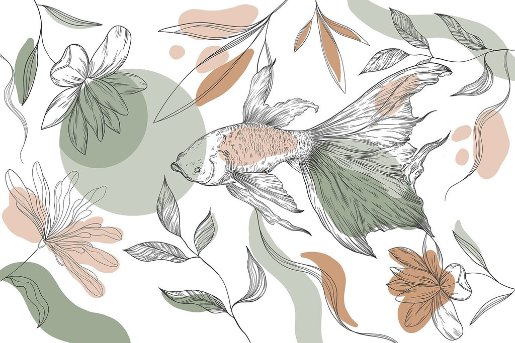 Fish among drawn flowers — full design