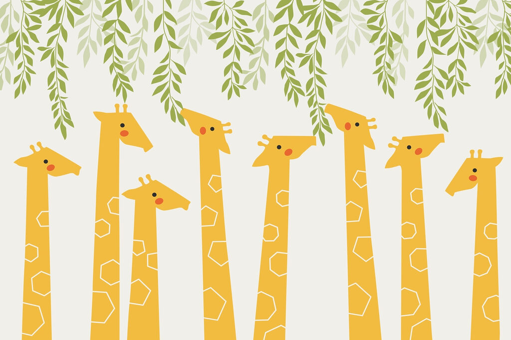 Giraffes under green leaves — full design