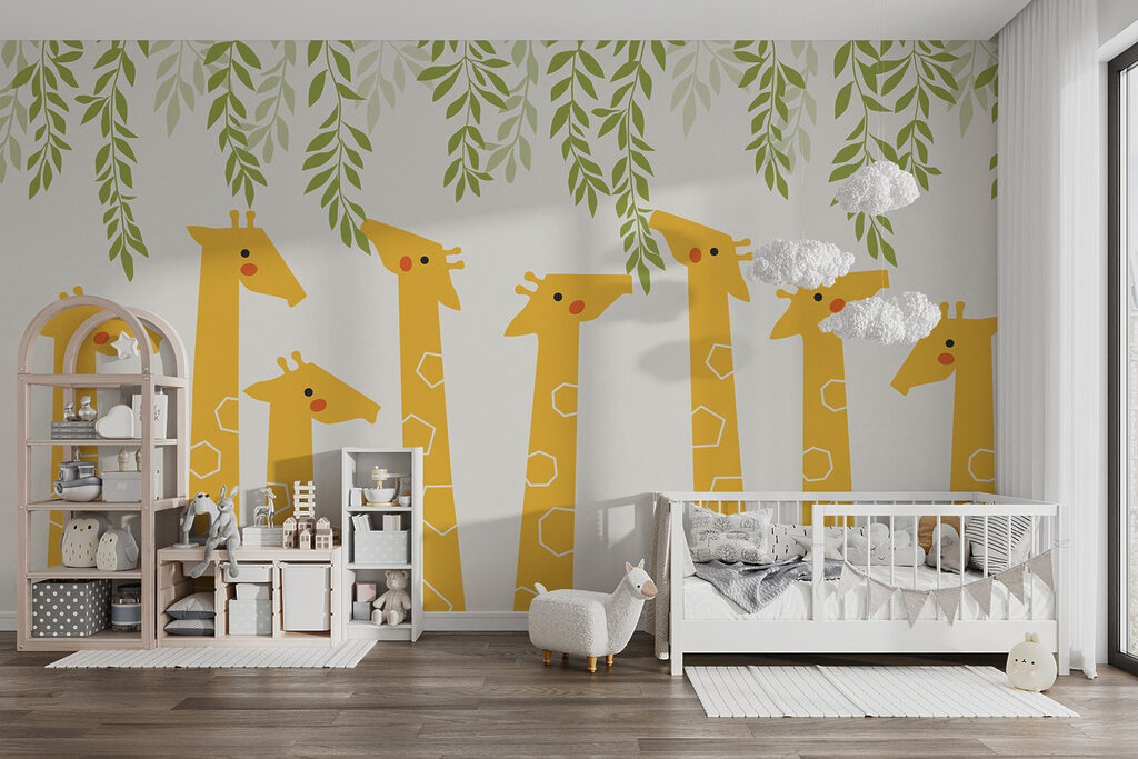 Giraffes under green leaves — interior 1