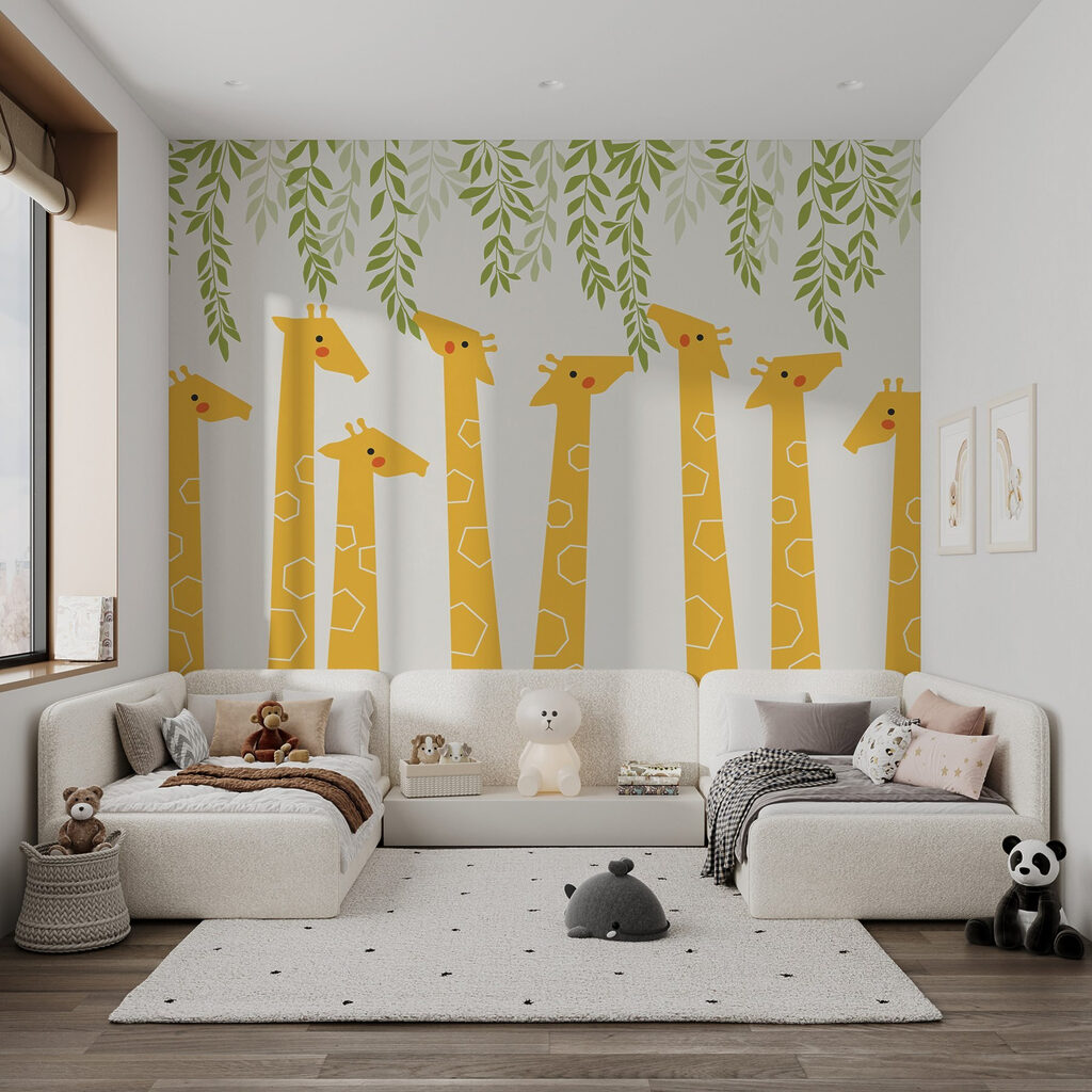 Giraffes under green leaves — interior 2