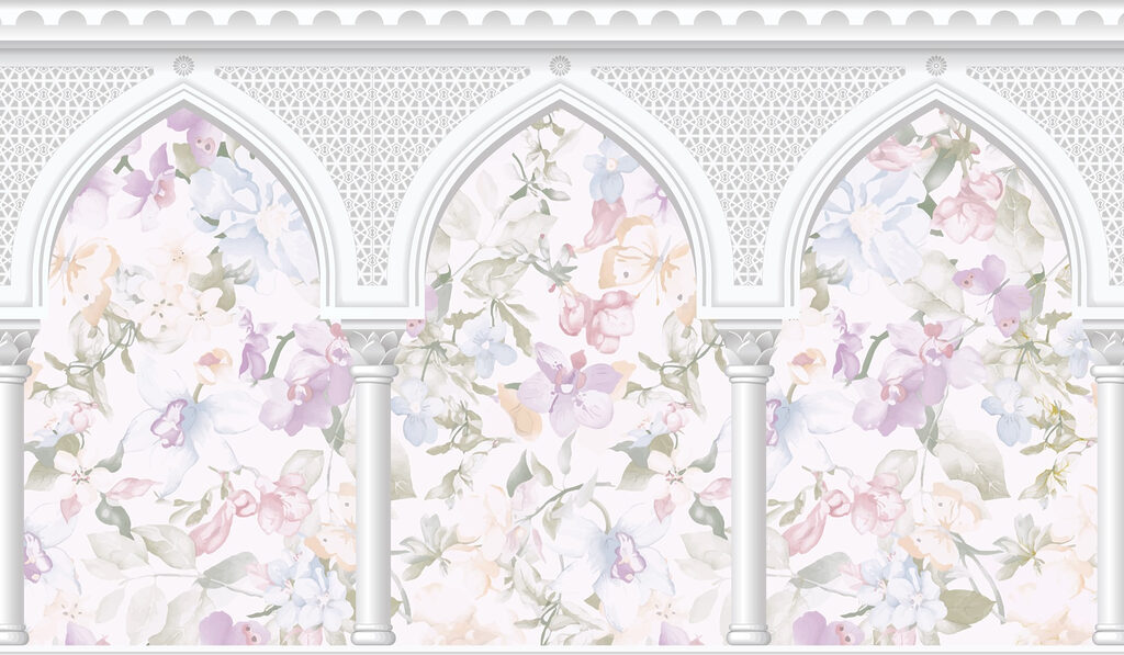 Blossom behind three arches — full design