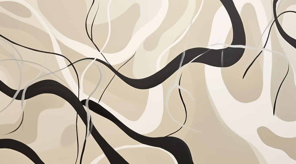 Black ribbons over sand — full design
