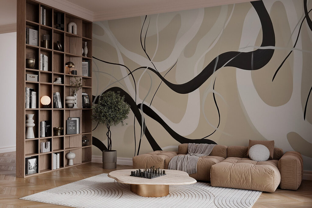 Black ribbons over sand — interior 1