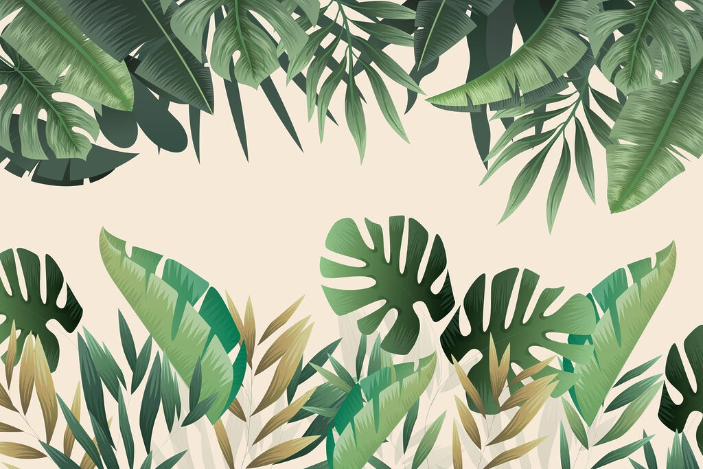 Green leaves around sand — full design