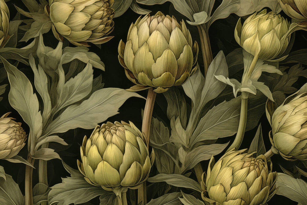 Artichokes among dark leaves — full design