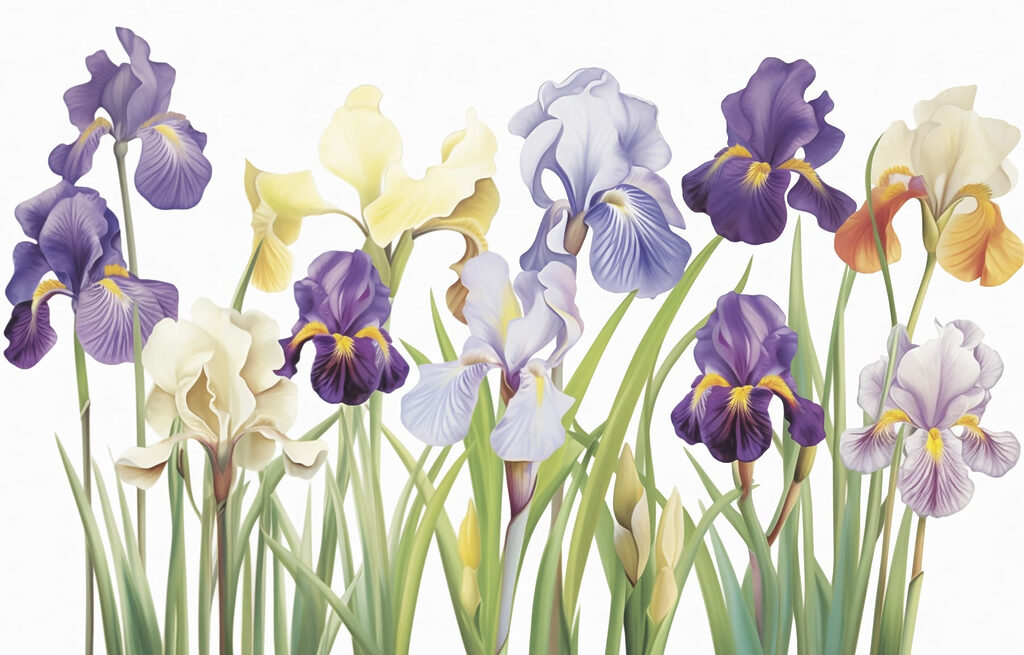 Purple irises beside yellow — full design
