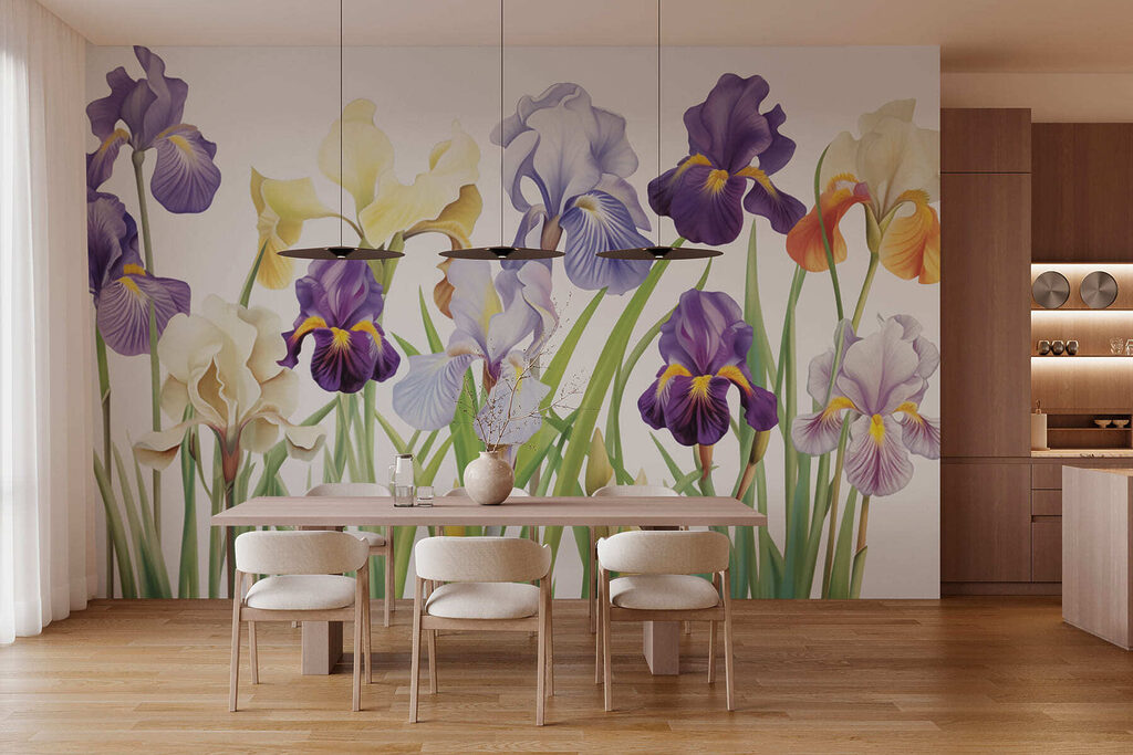 Purple irises beside yellow — interior 2