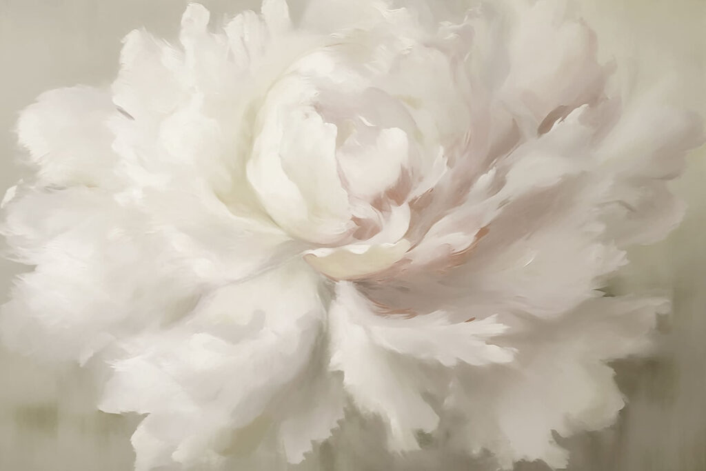 White peony in brushstrokes — full design