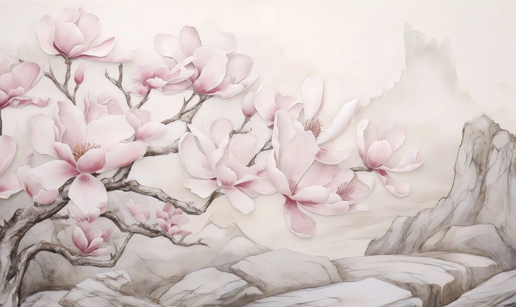 Pink magnolia above mountains — full design