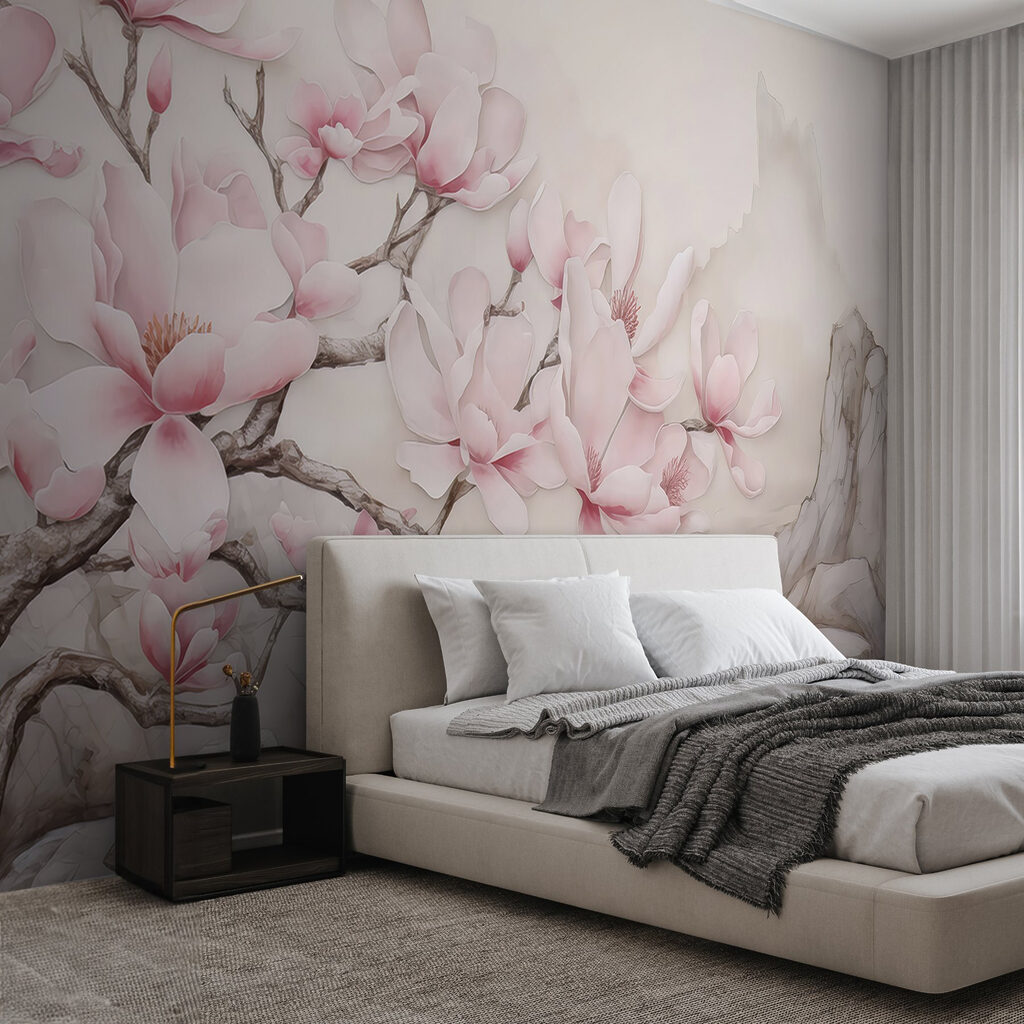 Pink magnolia above mountains — interior 1