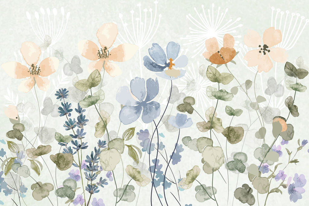 Flowers among round leaves — full design