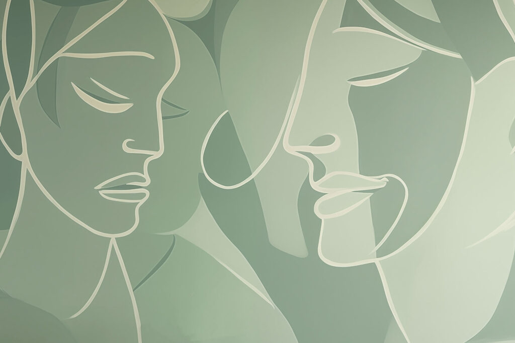 Two stylised faces — full design