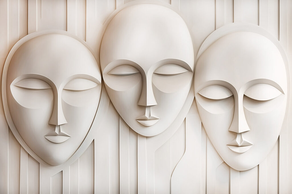 Three white masks — full design