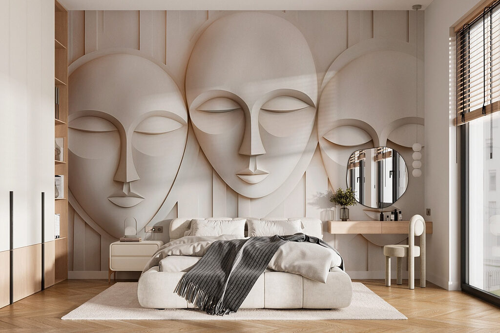 Three white masks — interior 1