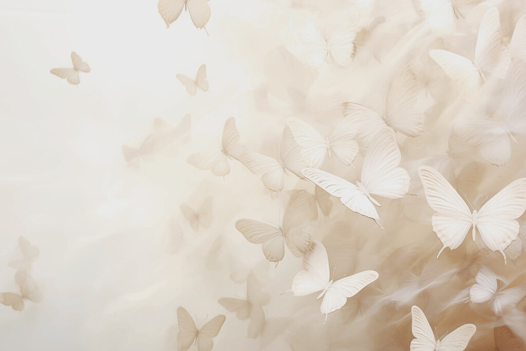 White butterflies in haze — full design