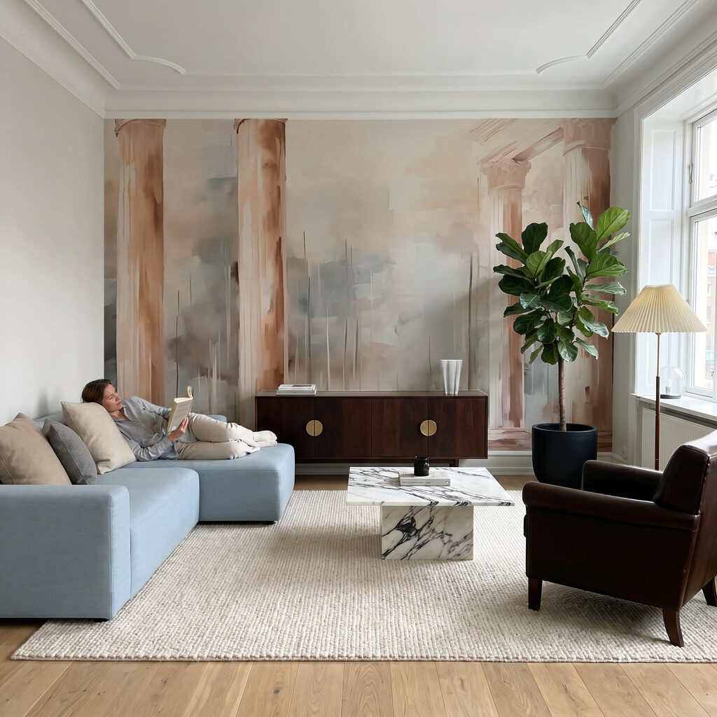 Pink columns in brushstrokes — interior 2