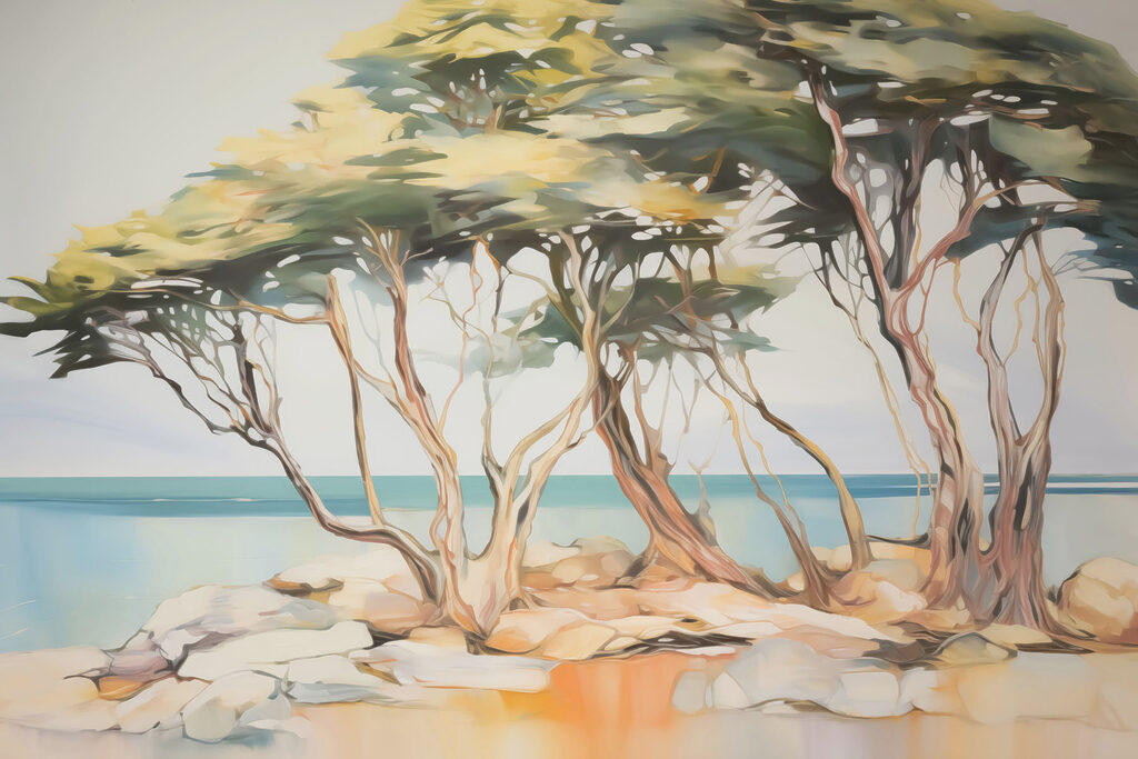 Trees by blue water — full design