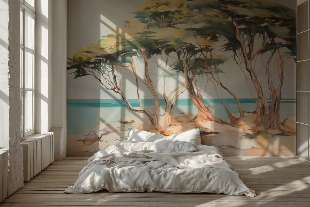 Trees by blue water — interior 1