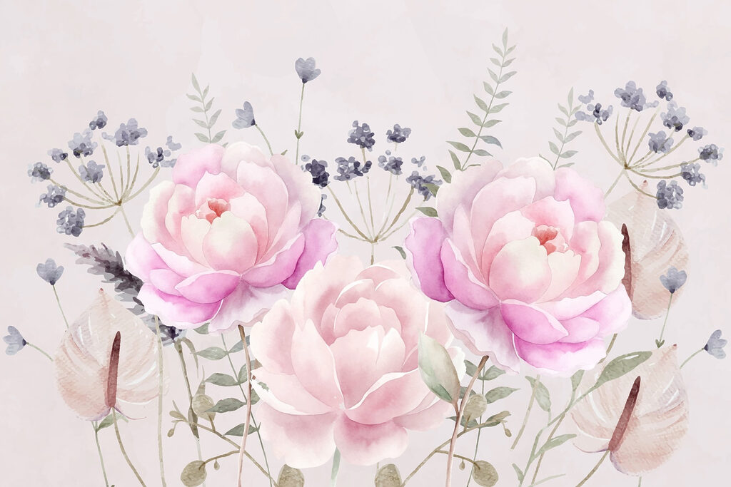 Pink peonies among wildflowers — full design