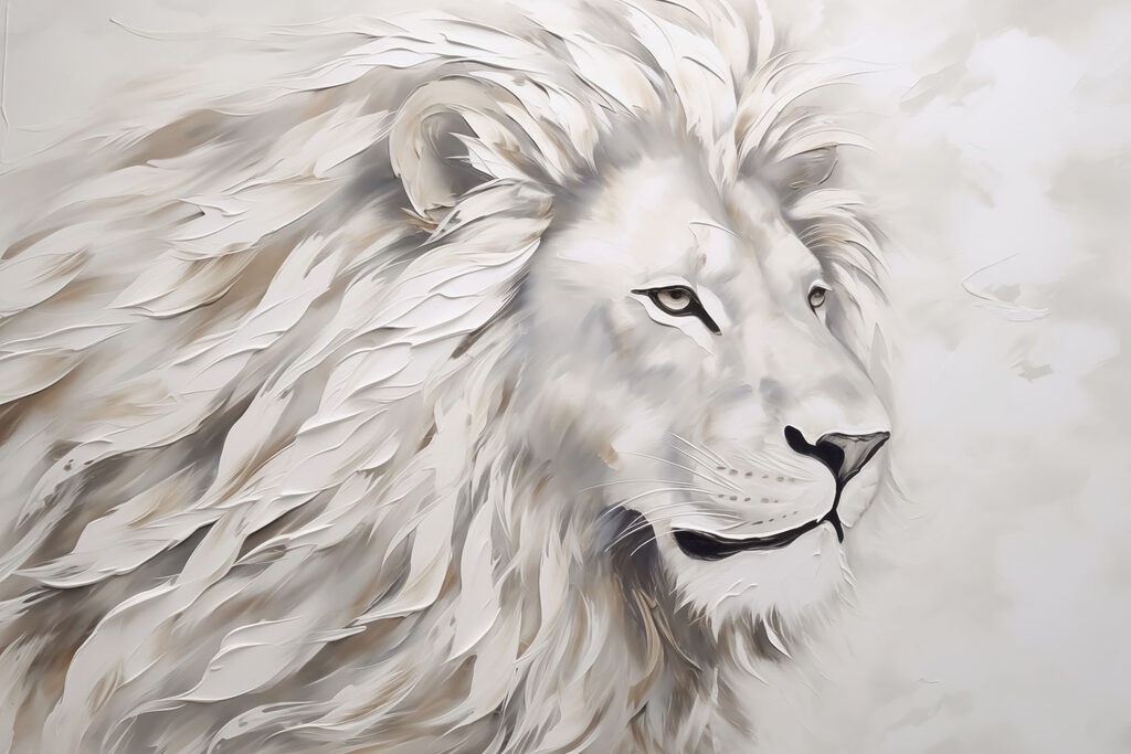 White lion in brushstrokes — full design