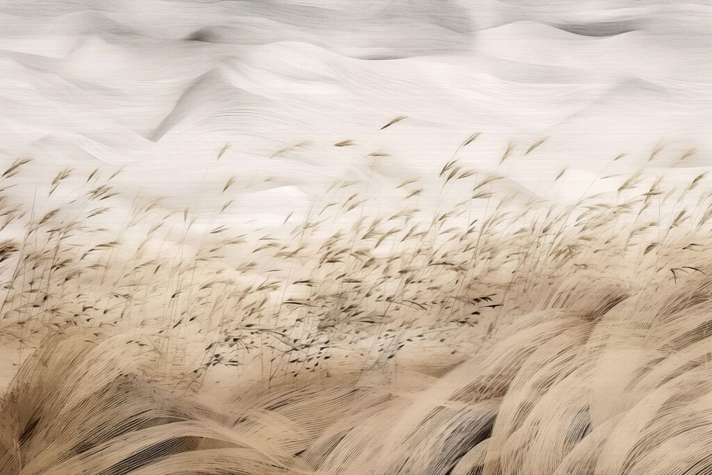 Grass waves under mist — full design