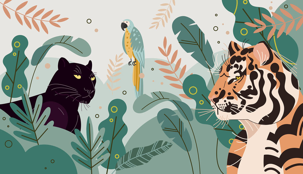 Tiger beside black panther — full design