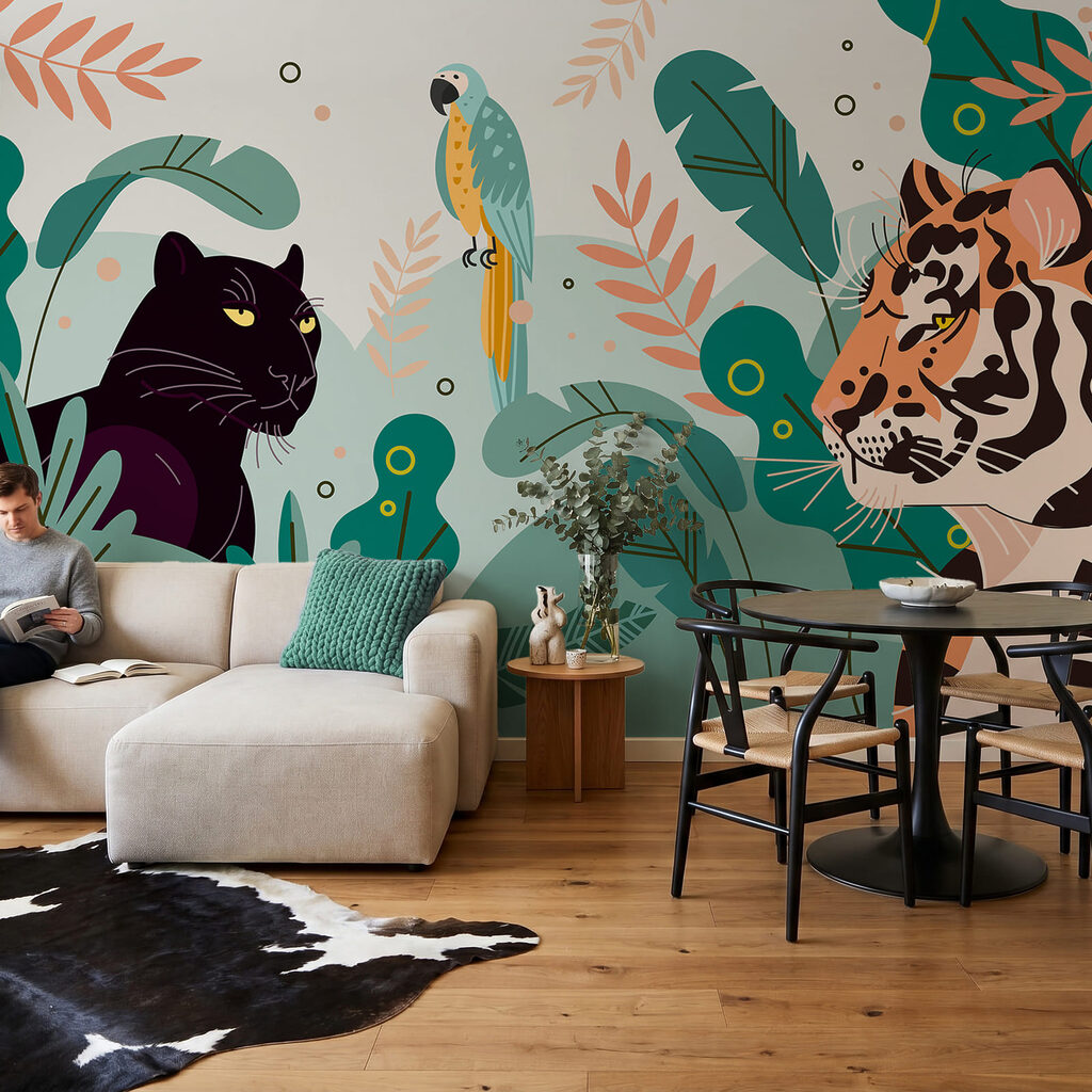 Tiger beside black panther — interior 1