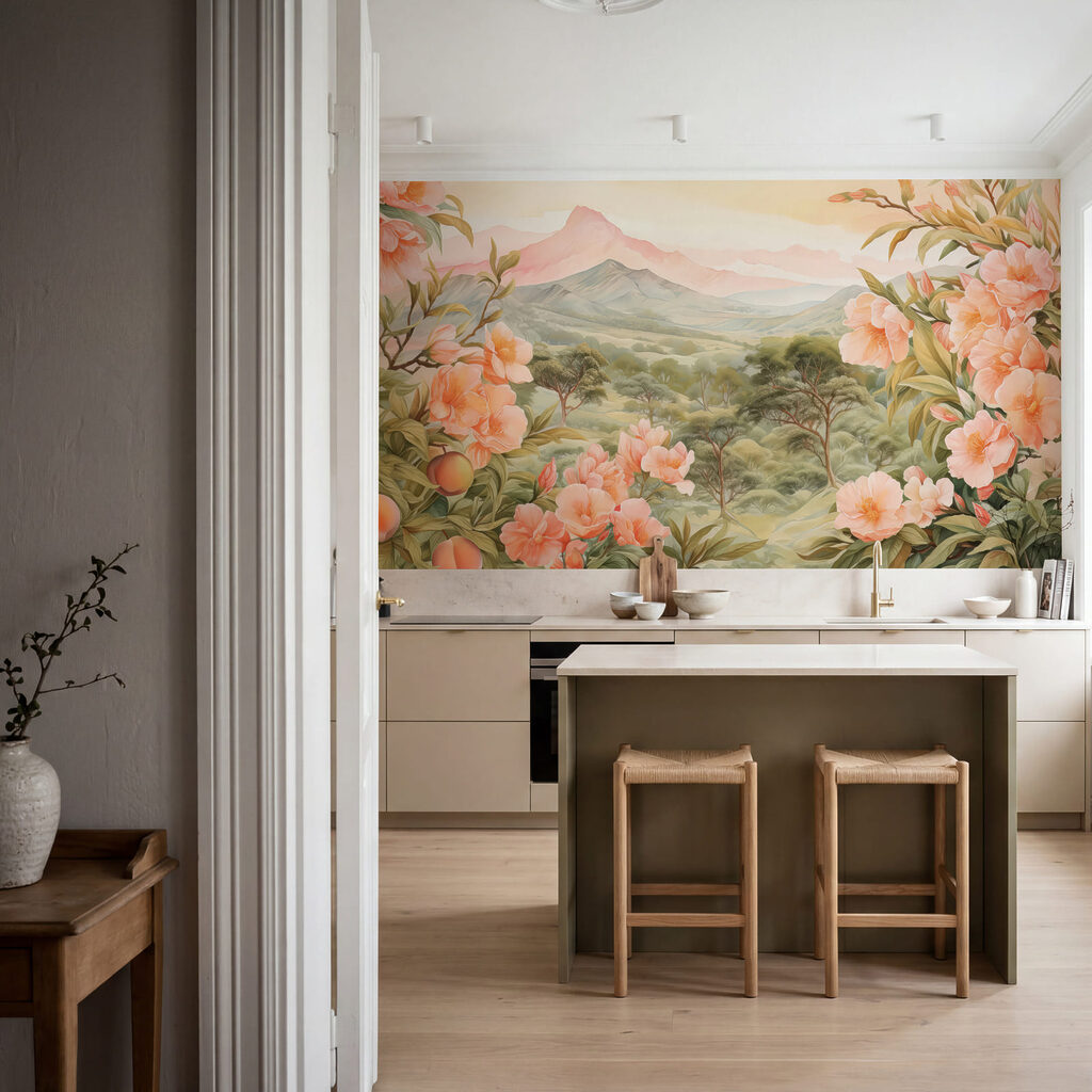 Pink flowers, mountain view — interior 1