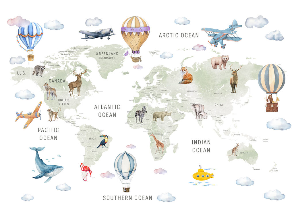 World map with balloons — full design