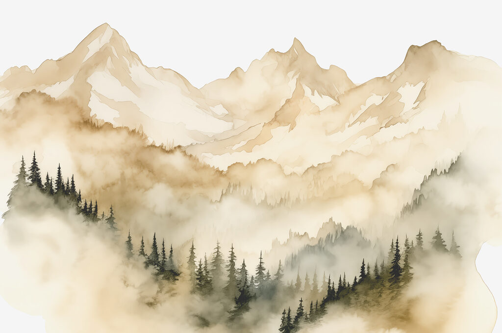 Mountains above misty pines — full design