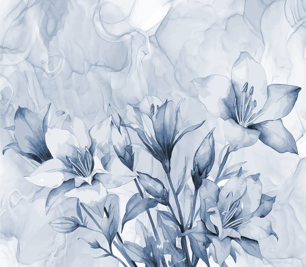 Blue flowers, marble effect — full design
