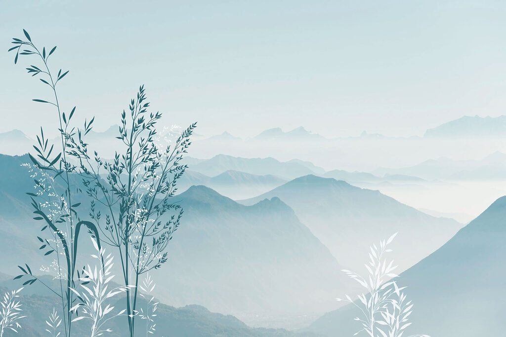 Mountains behind grasses — full design