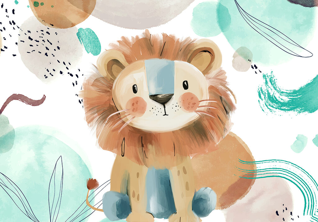 Lion cub among brushstrokes — full design
