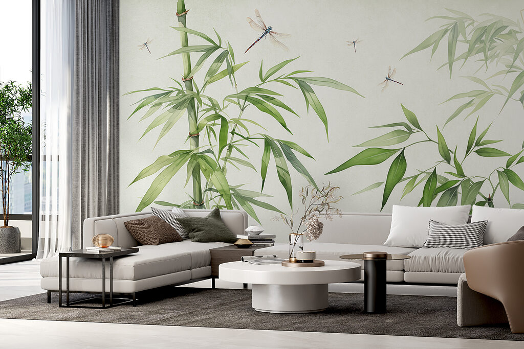 Dragonflies among green bamboo — interior 1
