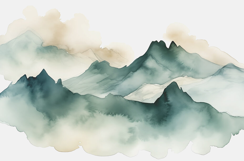 Green peaks in mist — full design