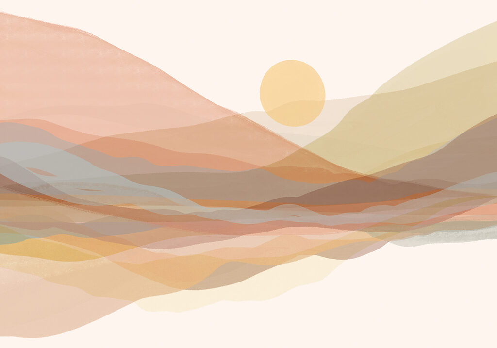 Sun above translucent hills — full design