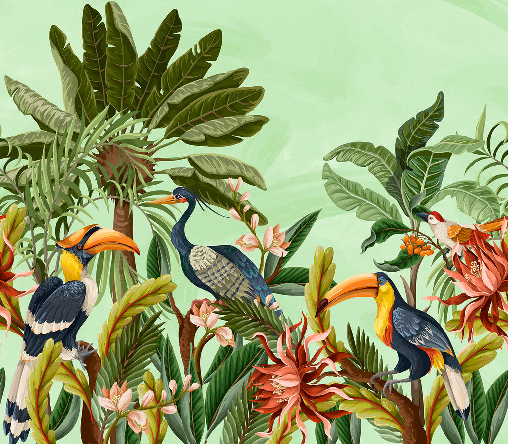 Toucans among flowers — full design