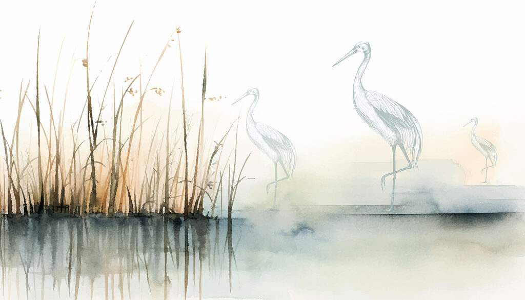 Herons beside the reeds — full design