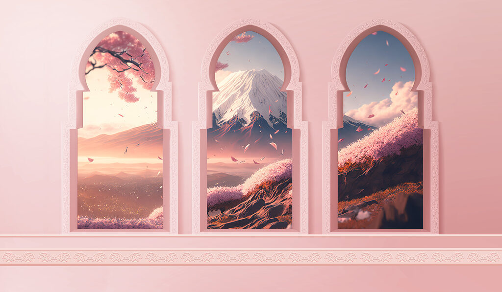 Pink arches over mountains — full design